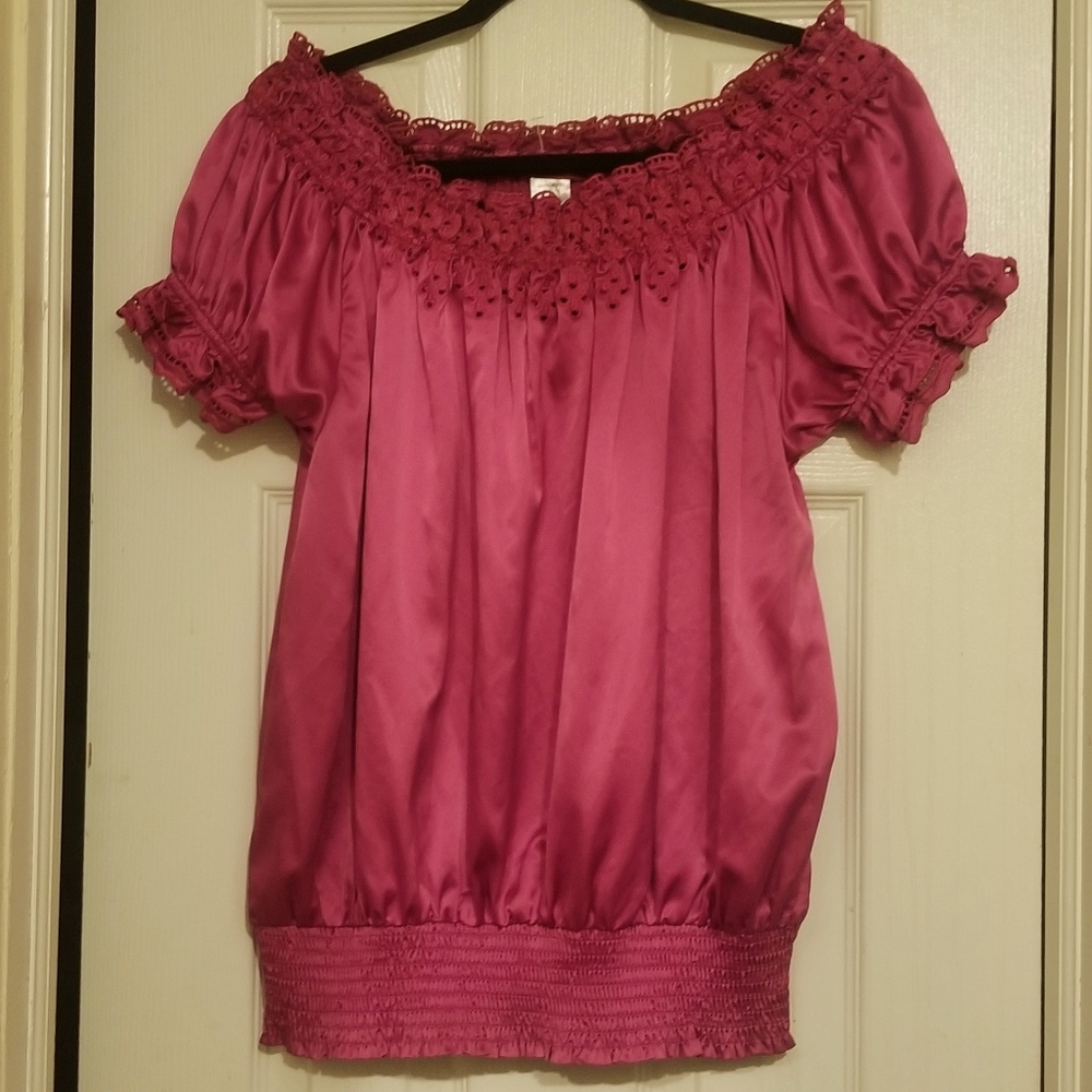 Libian Magenta Satin Crochet Sleeved Top